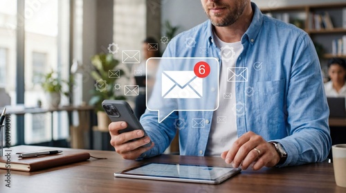 Man using smartphone with email notification icons, digital communication, message alerts, and business correspondence in a modern office environment setting.