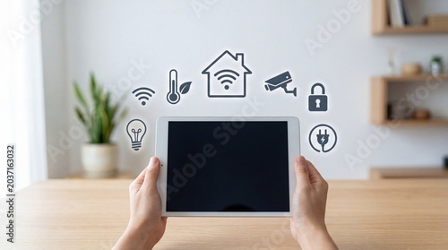 Hands holding tablet with smart home control icons, IoT automation, security system, temperature regulation, and wireless connectivity for modern living space management.