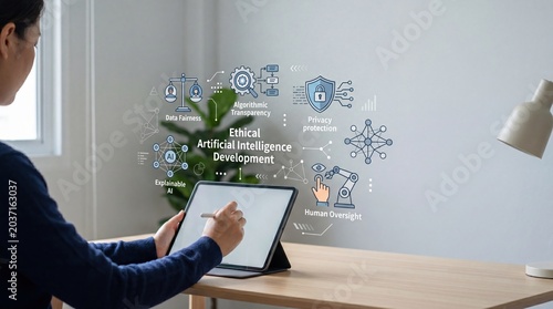 Ethical Artificial Intelligence Development Concept, Data Fairness, Algorithmic Transparency, Privacy Protection, Explainable AI, Human Oversight in Tech Innovation