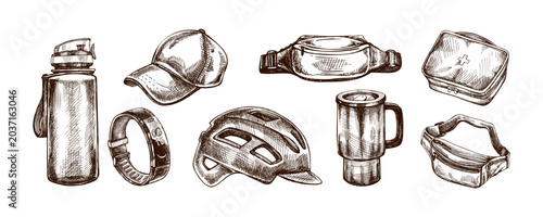 Hand drawn vintage monochrome outdoor accessory set with bottle mug helmet waist bag and fitness tracker illustration