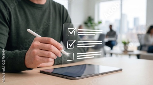 Digital Checklist Task Management, User Checking Boxes on Transparent Interface with Stylus Pen, Business Productivity and Workflow Planning Concept in Modern Office Environment