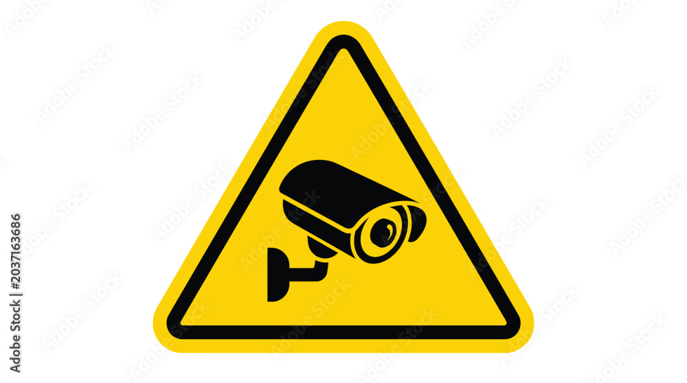 Obraz premium Black security camera icon centered inside a bright yellow triangular hazard sign isolated on a clean white background for modern surveillance and safety warning graphic design