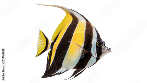 Foto Beautiful exotic Moorish idol fish swimming profile view isolated on transparent