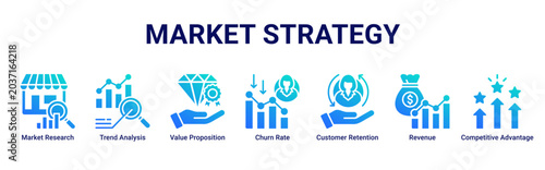 Foto Market Strategy web banner icon vector illustration with Market Research, Trend