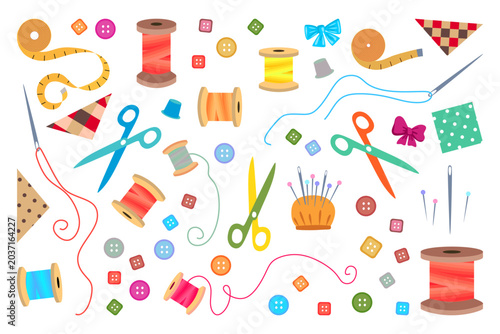 Set of different sewing tools for handmade patchwork. Collection of colorful ...