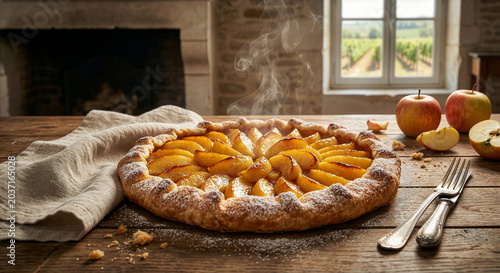 Apple tart with steam, apples, and vineyard view by window