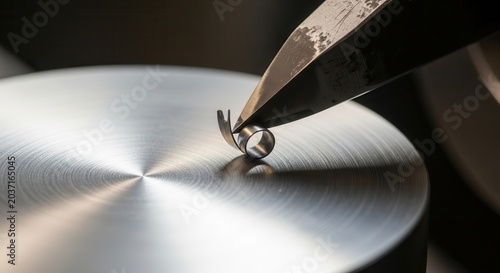 Close-up of a metal shaving being cut from a circular metal surface with a sharp tool.