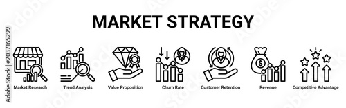 Canvastavla Market Strategy web banner icon vector illustration with Market Research, Trend