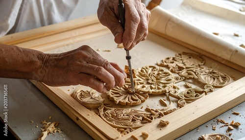 Close-up of a craftsman's hands carefully chiseling intricate floral designs into a wooden panel, meticulous detail