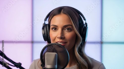 Woman Podcaster Recording Audio: A confident woman with headphones speaks into a professional microphone, her engaging expression perfect for podcasting, voiceover, or broadcasting.