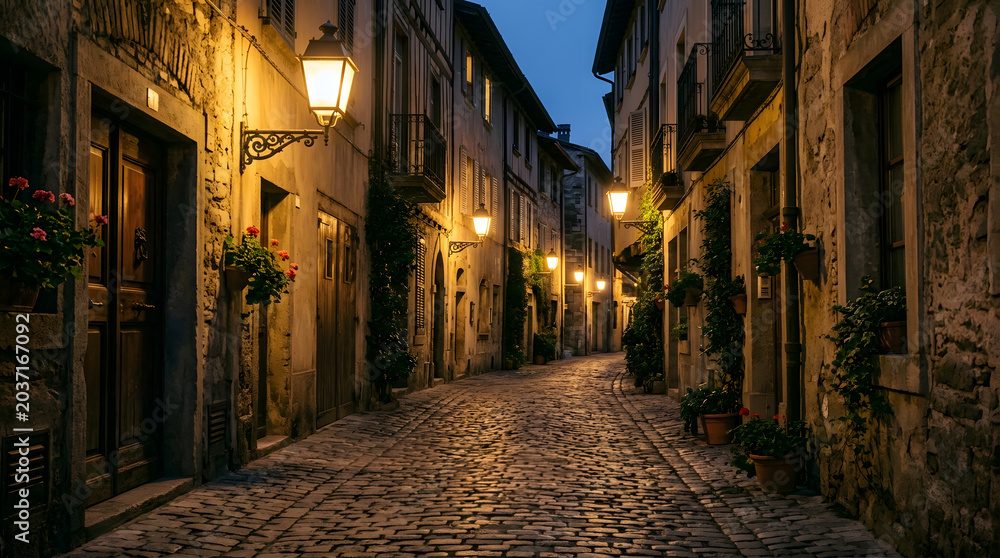 Fototapeta premium Cobblestone street illuminated by warm street lamps in a quiet old town at dusk.