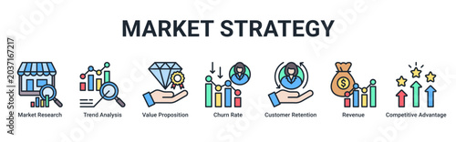 Foto Market Strategy web banner icon vector illustration with Market Research, Trend