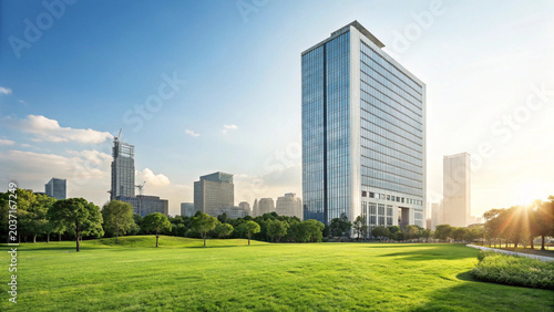 Modern office building with green lawn and bright sunny atmosphere