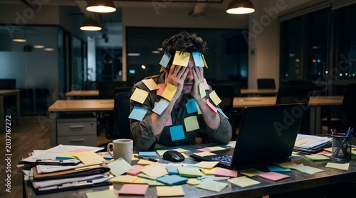 Overwhelmed Professional Buried Under Paperwork in Busy Office