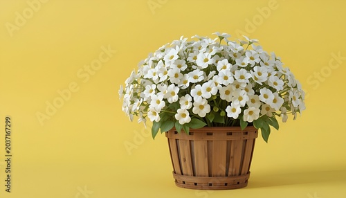 White Flowers in Wooden Basket on Yellow Spring Background with Soft 3D Rendering