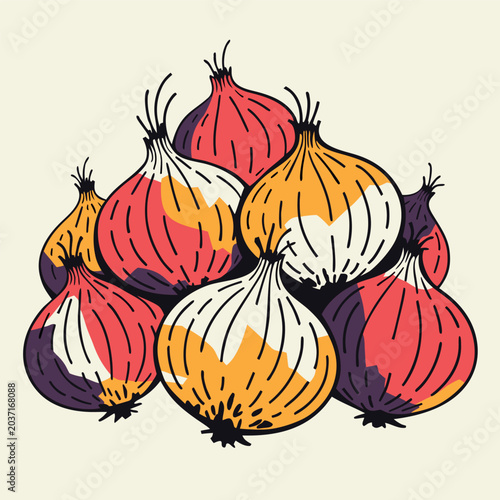 Hand-drawn red onion vector illustration, bold outlines, detailed organic texture, vintage vegetable art style, isolated on dark blue background, colorful flat design, fresh farm produce illustration