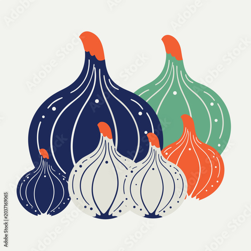 Hand-drawn red onion vector illustration, bold outlines, detailed organic texture, vintage vegetable art style, isolated on dark blue background, colorful flat design, fresh farm produce illustration