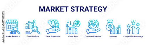 Foto Market Strategy web banner icon vector illustration with Market Research, Trend