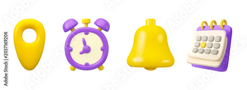 Vector 3d icon set. Time, date, location and notification. Clock, map pin, bell and calendar object collection. Yellow and purple meeting concept