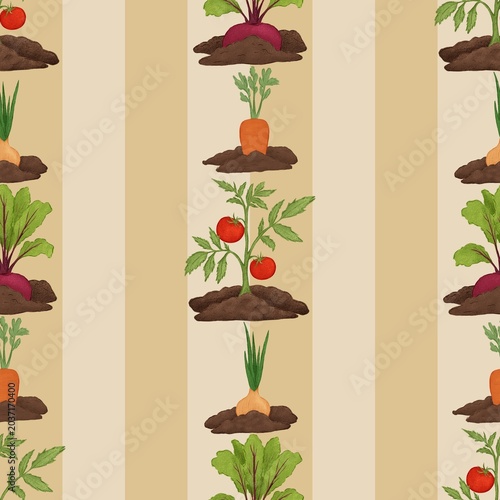Garden vegetables growing in soil seamless pattern digital raster background