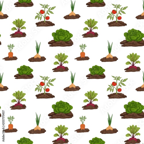 Garden vegetables growing in soil seamless pattern digital raster wallpaper