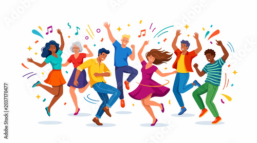 Vector illustration of dancing people group with men women and children dancing at music party in fun crowd silhouette style