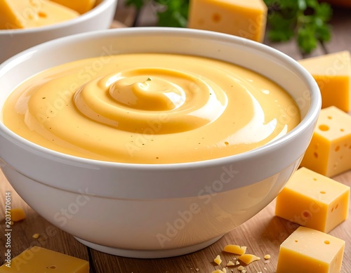 Close-up of a creamy, golden-colored sauce in a white bowl, surrounded by cubed cheese on a wooden surface