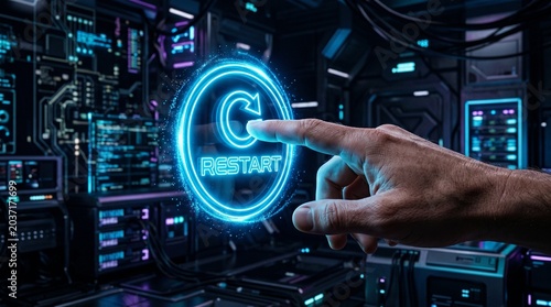 A human hand presses a luminous 'RESTART' button, initiating a system reboot in a futuristic, neon-lit digital environment, symbolizing renewal and problem-solving in advanced technology
