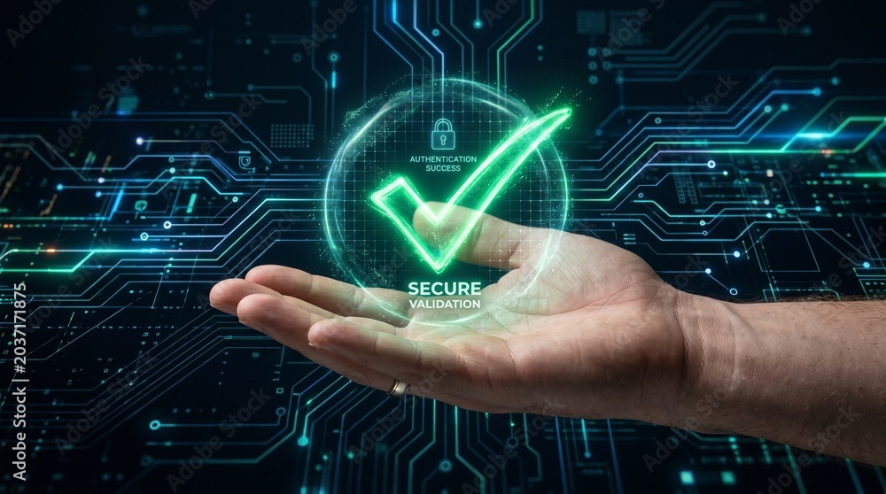 Fototapeta premium Digital Security and Cybersecurity Concept with a Hand and a Glowing Checkmark Symbol on a Circuit Board Background