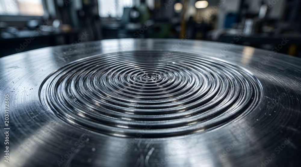 Obraz premium Industrial machined metal surface with concentric circular grooves, brushed steel texture in factory workshop, precision engineering background