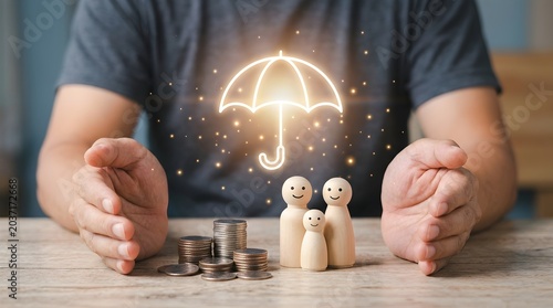 A man protecting wooden family figures and stacks of coins with a glowing digital umbrella icon, representing financial security and safety planning