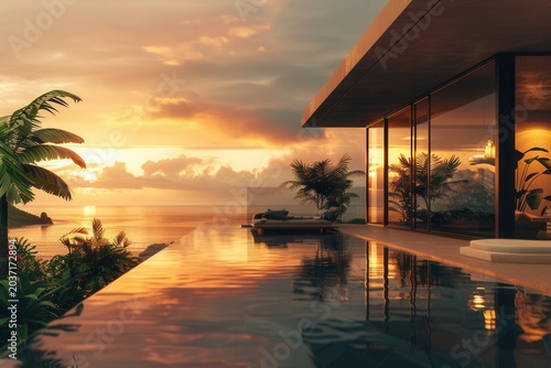 Golden sunset glows over calm ocean waters