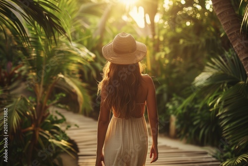 Warm light filters through tropical leaves