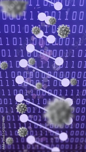 Vertical video: Pulsing binary driving nodes into strand while viral spheres drifting showing risk