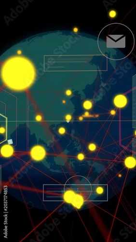 Vertical video: Stylized globe after UI panel appearing, nodes linking globally and showing network