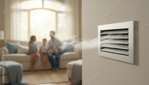 Ventilation register on a living room wall emitting air currents with a blurred family sitting on a sofa