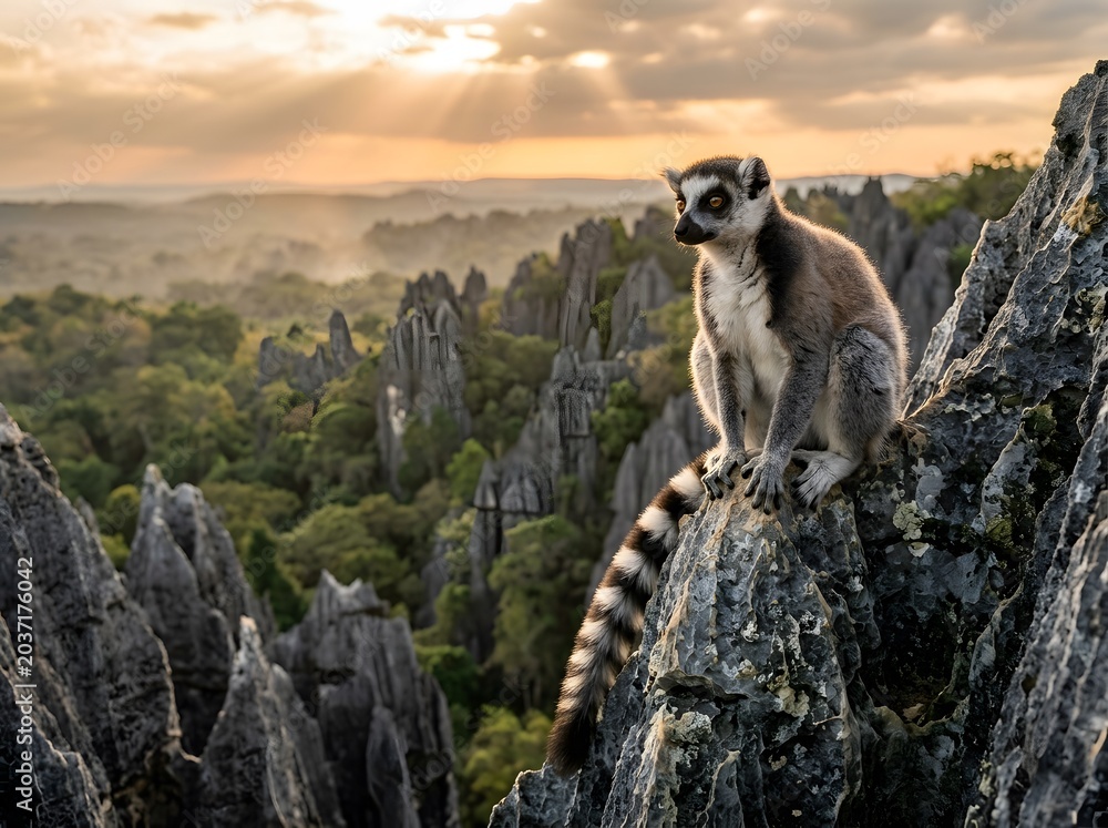 Obraz premium A ring-tailed lemur is perched on a rock, observing its surroundings. The lemurs distinctive black and white striped tail is clearly visible.