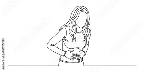 Woman holding stomach in pain, single line drawing illustration Vector, illustration