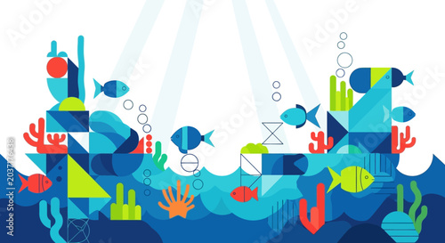 Abstract Underwater Scene with Fish and Geometric Coral