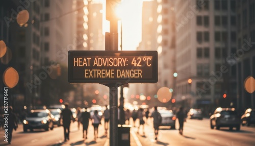 Digital street sign alerts pedestrians of an extreme heat advisory with a temperature warning displayed in a sunny urban environment