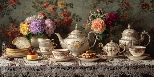 Elegant Tea Party Vintage Tea Set  Floral Arrangement