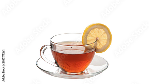 Slika na platnu Glass cup of hot black tea with lemon slice isolated on transparent background