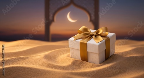 Elegant Eid Gift Box in Desert Sunset Scenery