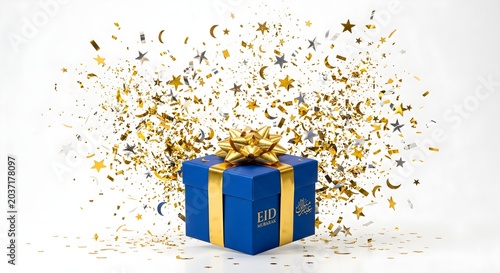 Festive Eid Gift Box with Golden Confetti Explosion