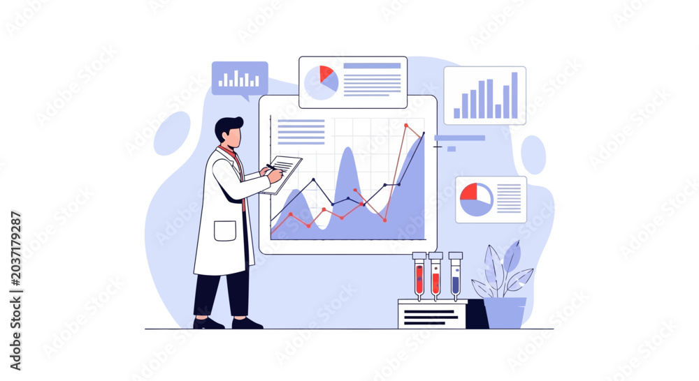 Obraz premium Scientist analyzing data charts and graphs, laboratory research concept.