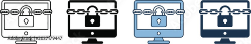 Ransomware Multiple Style Icon Design Locked Computer Screen Chain Data Encryption vector design