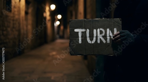 Homeless person holding cardboard sign with turn written in white paint in dark dimly lit city alleyway