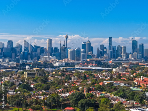 Sydney CBD Skyline Aerial View with Sydney Tower and Urban Cityscape