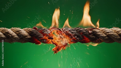Thick Rope Burning and Breaking Apart on Green Background.