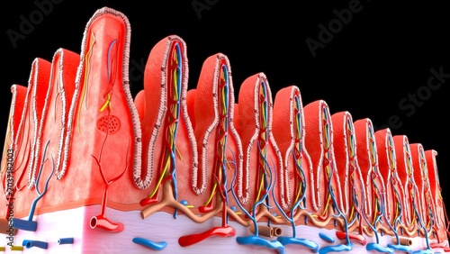 Obraz na plátně The small intestine wall is structured to maximize nutrient absorption, featuring four distinct layers (mucosa, submucosa, muscularis, serosa) and specialized modifications to increase surface area